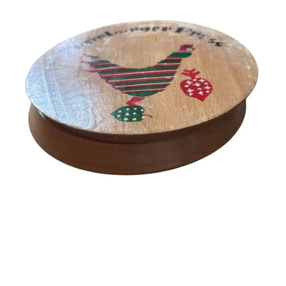 VTG Wooden Hamburger Press Hand Painted Rooster Hinged Patty Maker Mid Century⁠